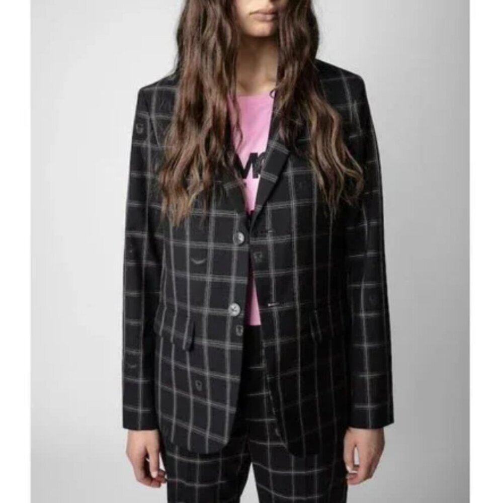 Zadig & Voltaire Vanille Car Oversized Blazer Black Check Monogram Skull Wings